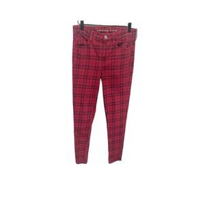 Women’s American Eagle Next Level Jeggings Stretch Red Black Plaid Pants Size 6